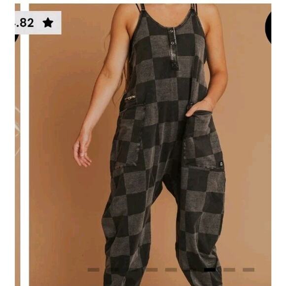 Rags Women’s Tank Romper Black Denim Check Size (L) NWT Snapless Jumpsuit - Picture 2 of 10